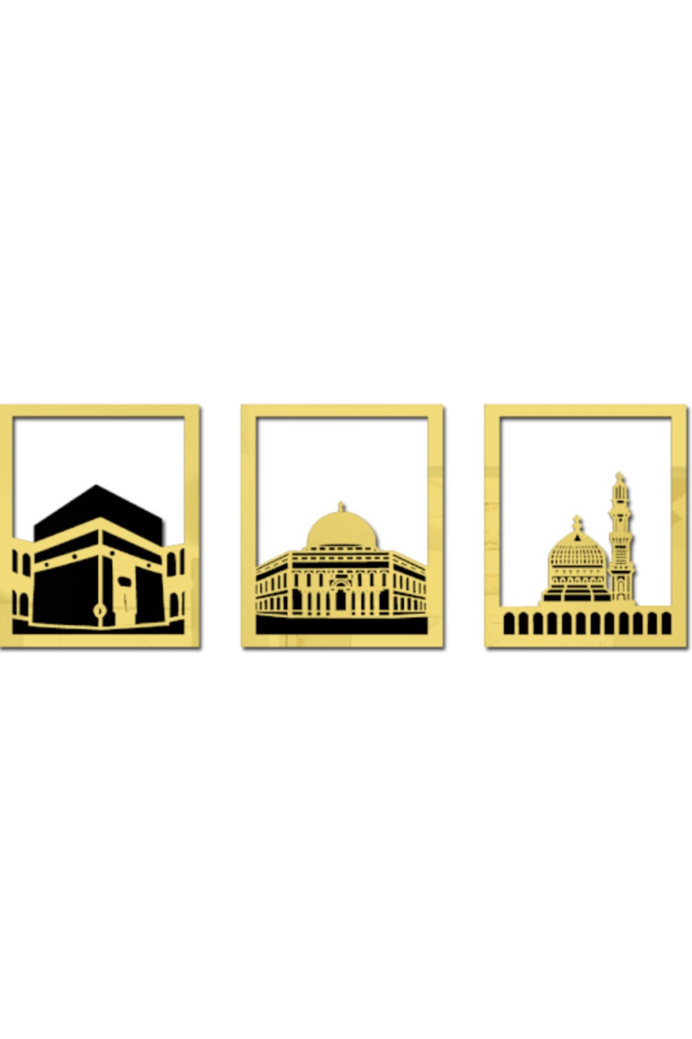 Ensemble d'Art Mural Islamique – Cadre Rectangulaire 38x30 cm | Masjid Al-Haram, Masjid Al-Aqsa, Masjid An-Nabawi