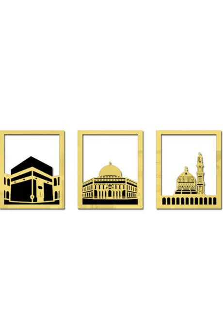 Ensemble d'Art Mural Islamique – Cadre Rectangulaire 38x30 cm | Masjid Al-Haram, Masjid Al-Aqsa, Masjid An-Nabawi