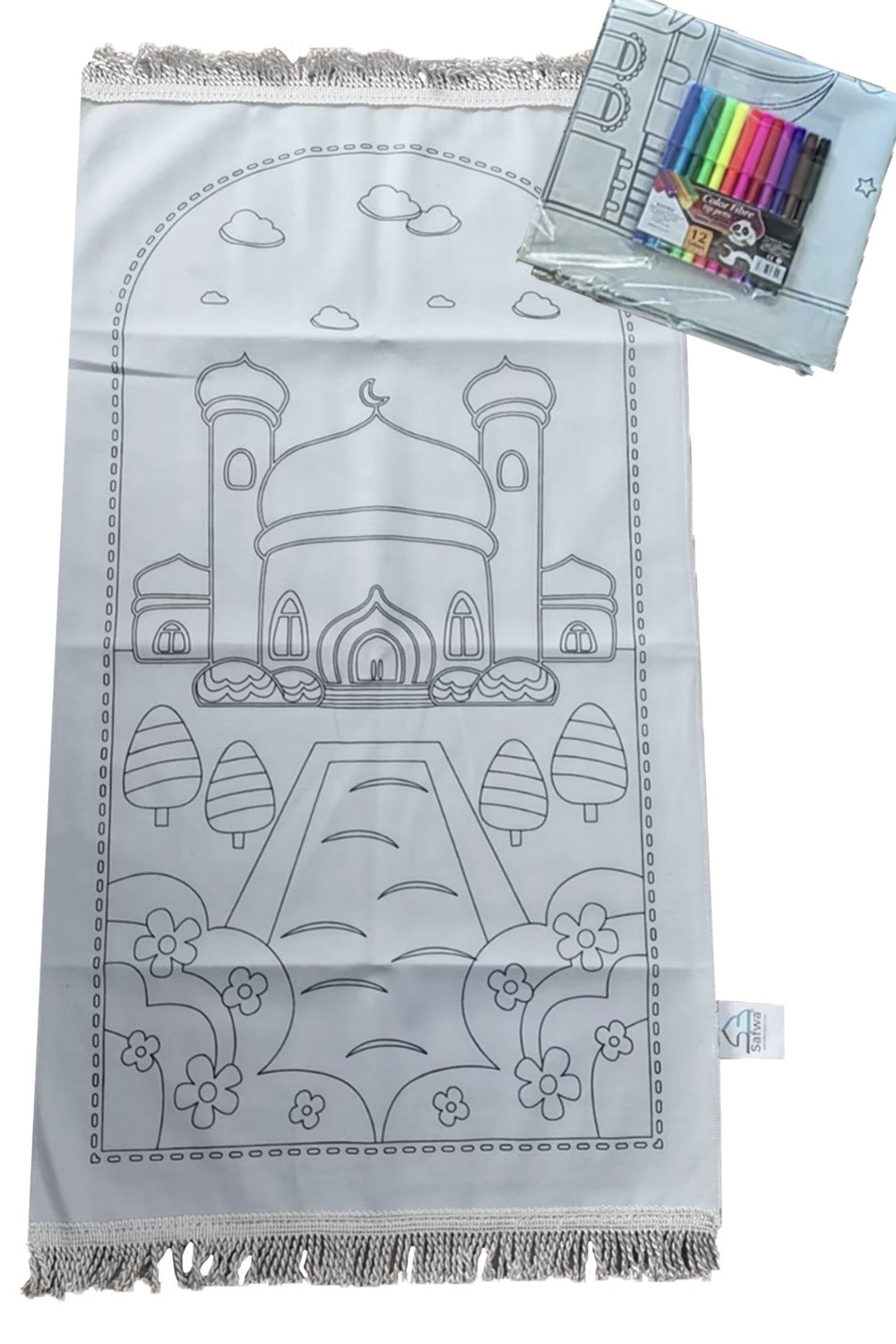 Tapis de Prière à Colorier – Personnalisable avec 12 Marqueurs Textiles | Apprentissage Ludique et Spirituel pour Enfants