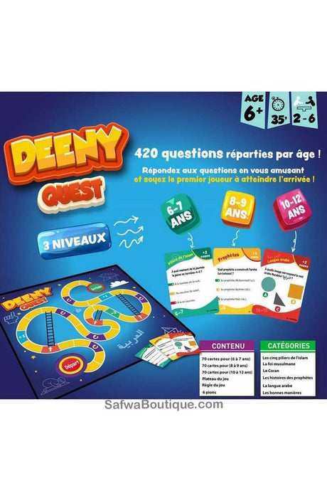 DEENY QUEST Jeu De Société: 420 Questions Sur L'islam Réparties Par Âge! (+6 Ans, 3 Niveaux) - Osratouna