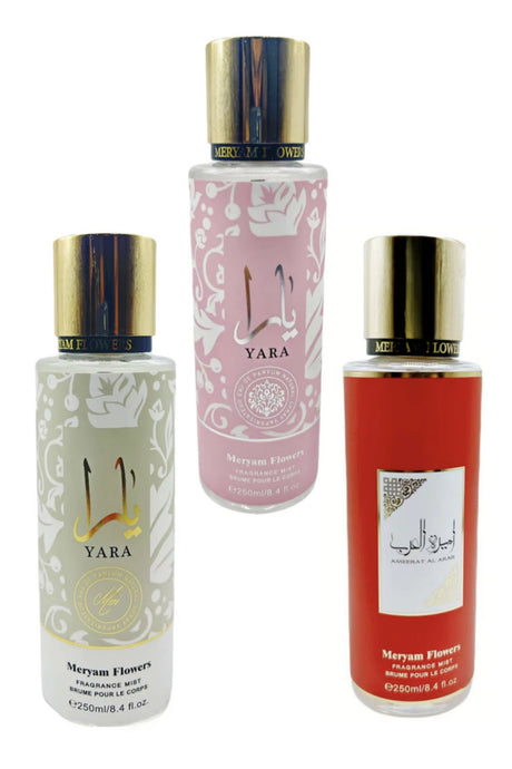 Lot de 3 Brumes Parfumées Meryam Flowers (Yara Rose, Yara Blanc & Ameerat Al Arab Rouge) – Offre 3 pour le prix de 2
