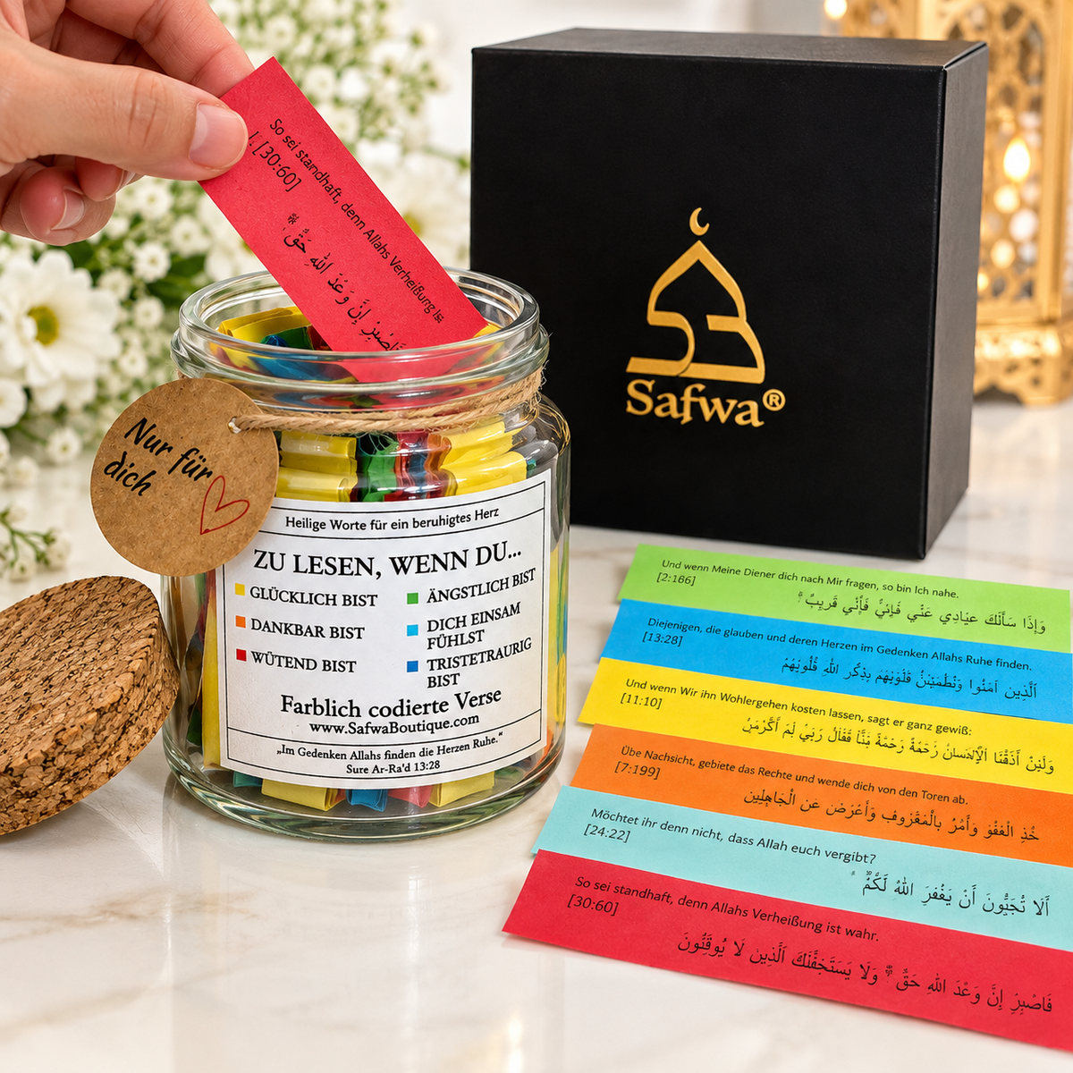 Bocal Coran Safwa® Allemand – Versets en Arabe & Allemand – 6 Émotions – Coffret Cadeau Islamique