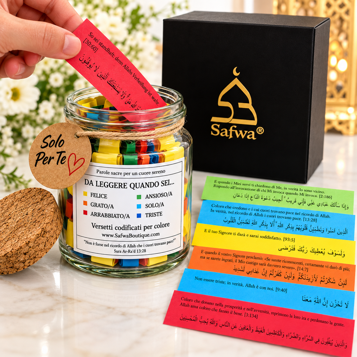 Bocal Coran Safwa® Italien – Versets en Arabe & Italien – 6 Émotions – Coffret Cadeau Islamique