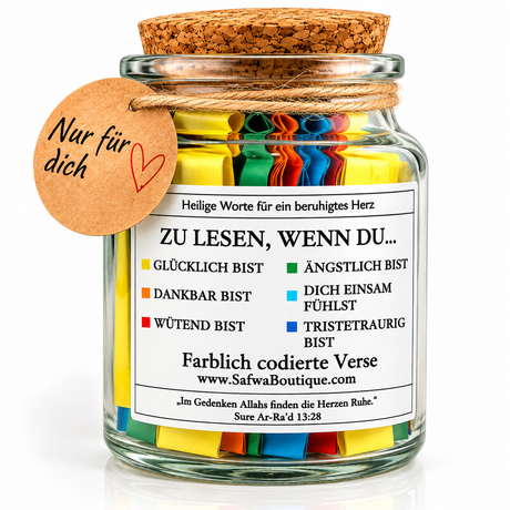 Bocal Coran Safwa® Allemand – Versets en Arabe & Allemand – 6 Émotions – Coffret Cadeau Islamique
