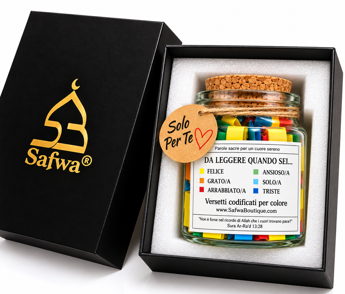 Bocal Coran Safwa® Italien – Versets en Arabe & Italien – 6 Émotions – Coffret Cadeau Islamique