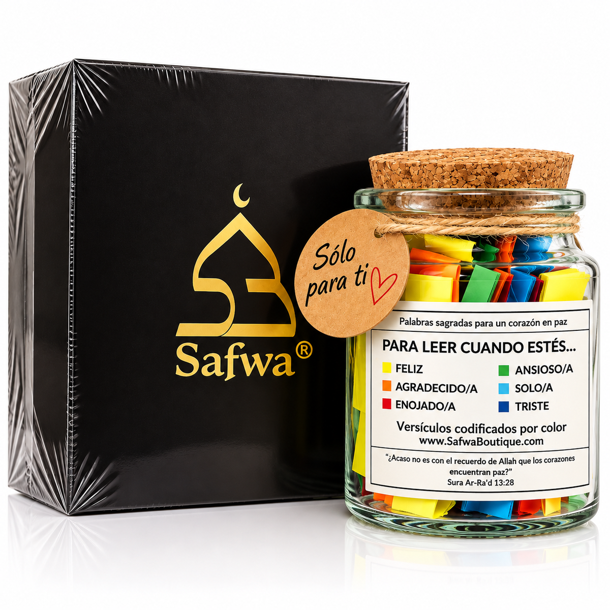 Bocal Coran Safwa® Espagnol – Versets en Arabe & Espagnol – 6 Émotions – Coffret Cadeau Islamique