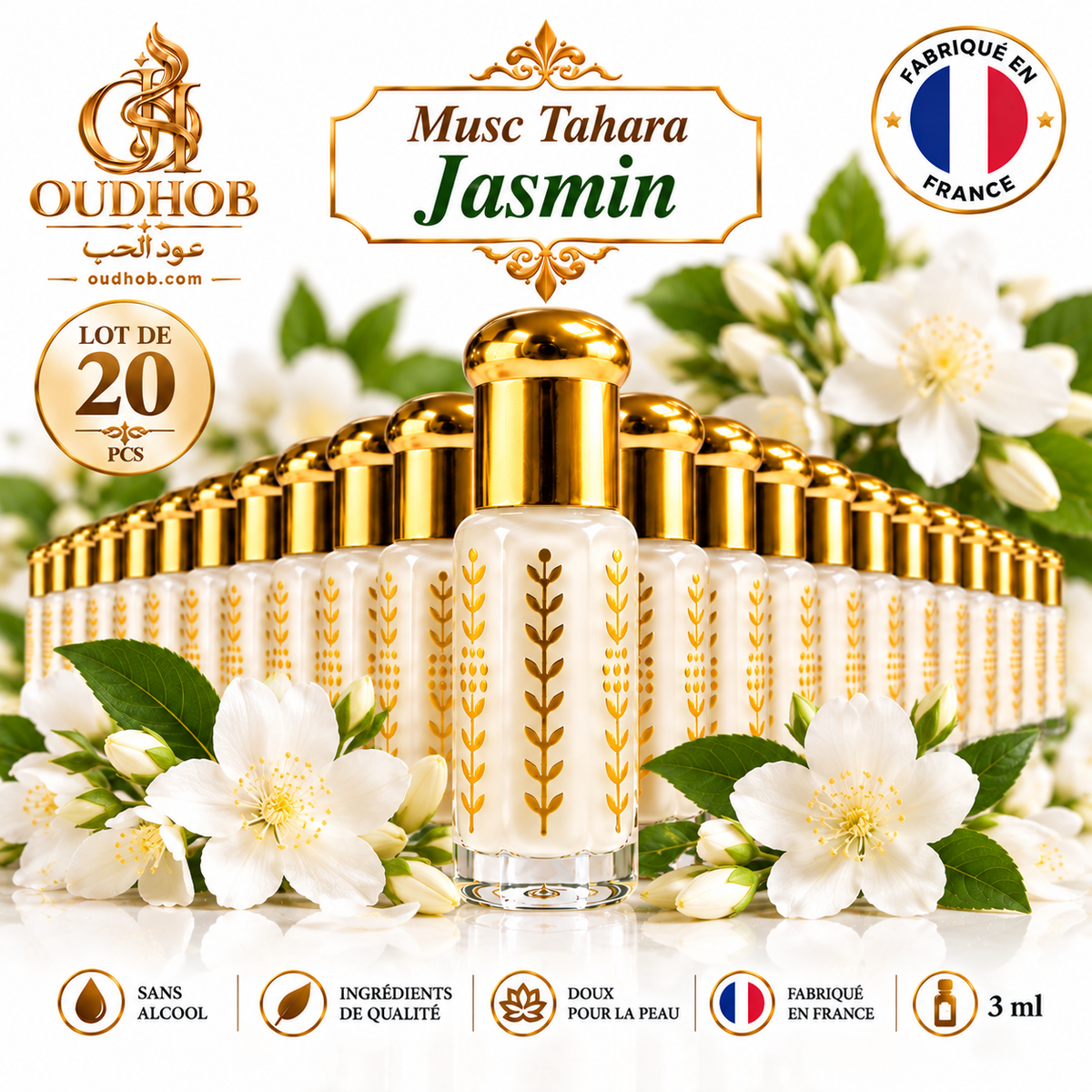 Musc Tahara Jasmin – Musc Intime Sans Alcool 3 ml - Fabriqué en France – OudHob | عود الحب