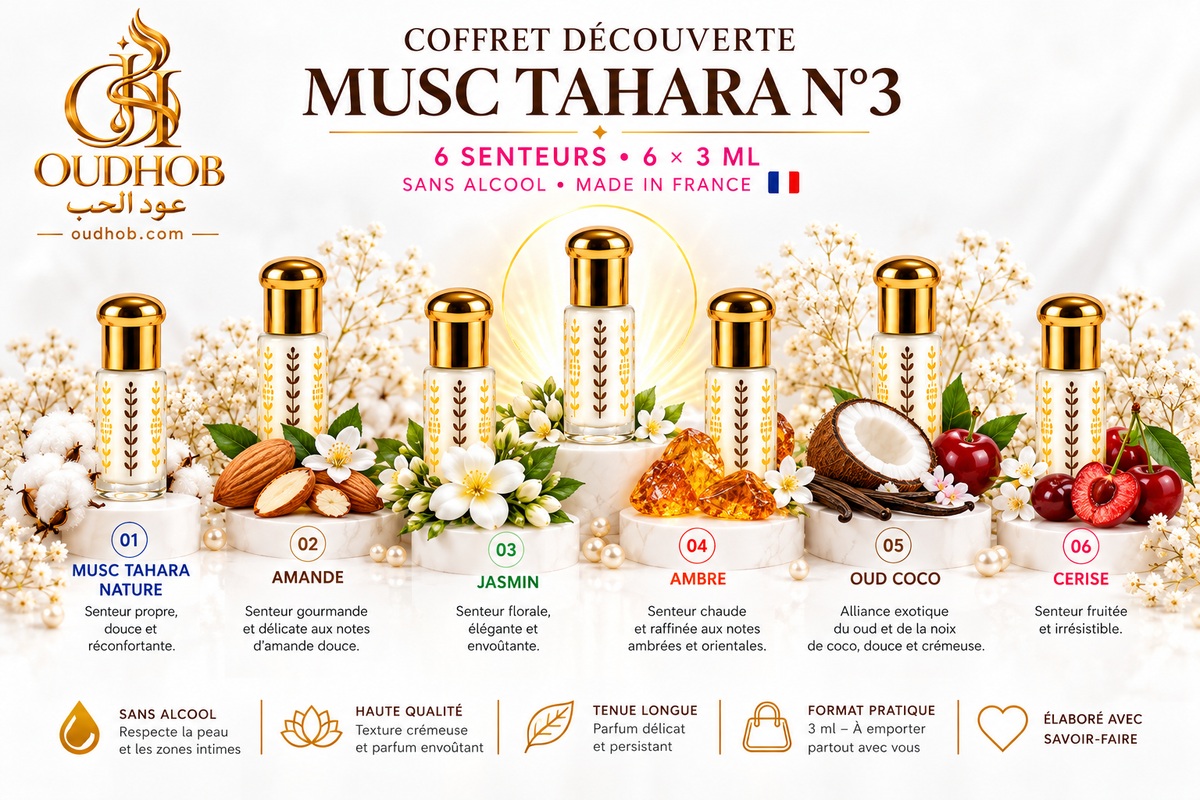 Coffret Découverte Musc Tahara N°3 – 6 Senteurs × 3 ml Sans Alcool - Fabriqué en France – OudHob | عود الحب