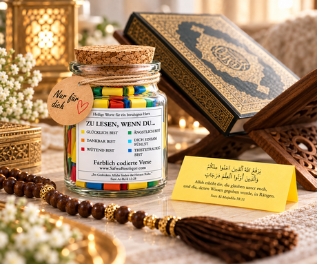 Bocal Coran Safwa® Allemand – Versets en Arabe & Allemand – 6 Émotions – Coffret Cadeau Islamique
