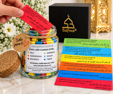 Bocal Coran Safwa® Espagnol – Versets en Arabe & Espagnol – 6 Émotions – Coffret Cadeau Islamique